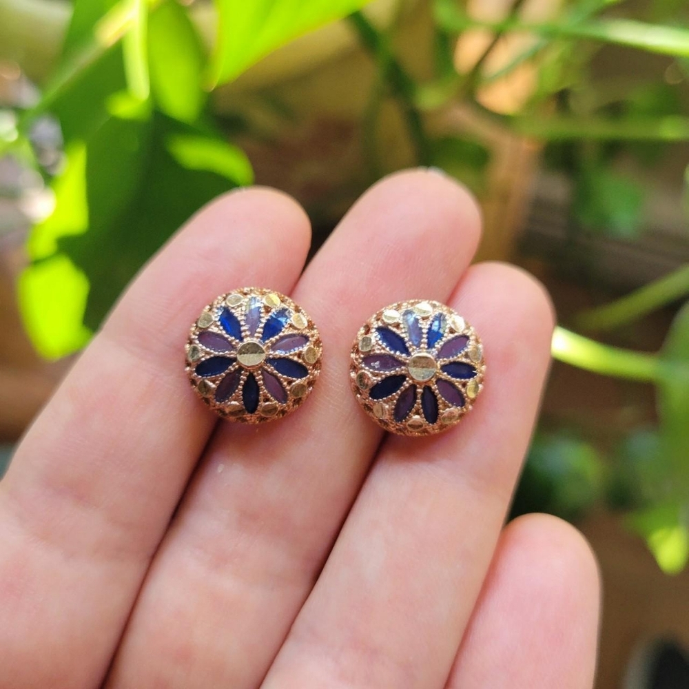 Vintage Ornate Flower Gold Blue & Purple Stud Earrings